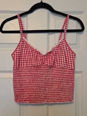 No Boundaries Red and White Gingham Smocked Crop Cami
